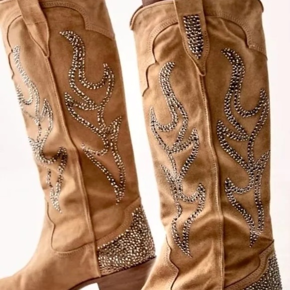 Free People Nashville Nights Cowboy Boot Tan Suede Pewter Rhinestones - Picture 9 of 9